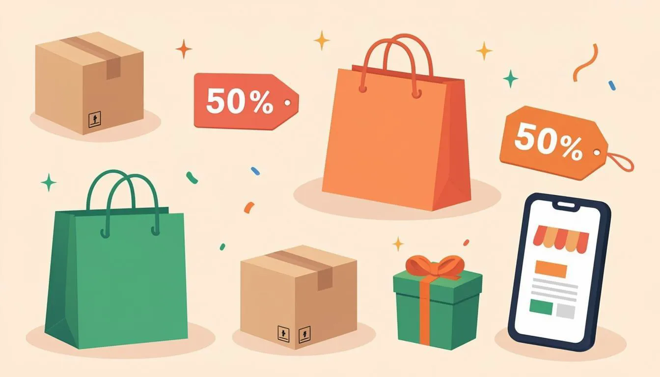Personas celebrando compras en línea con cajas y bolsas a domicilio